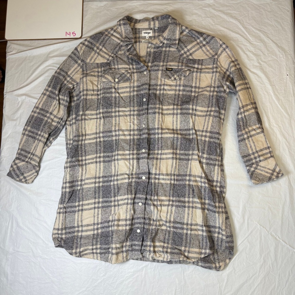 Wrangler Plaid Long Sleeve Button Up Shirt Dress 100% cotton Cream Gray Size M